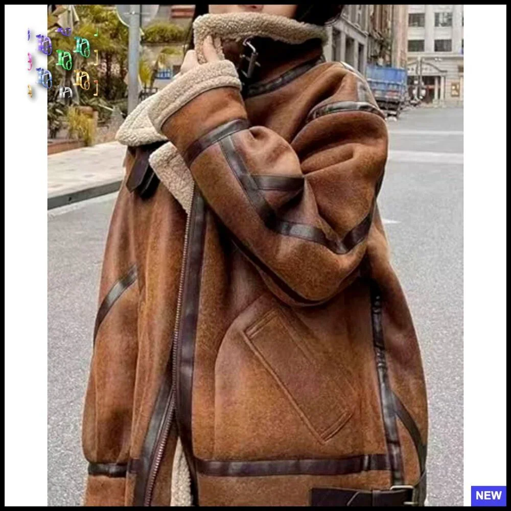 Oversized Faux Suede Moto Jacket Sherpa Lined Aviator Style Winter Coat - Picture 6 of 6